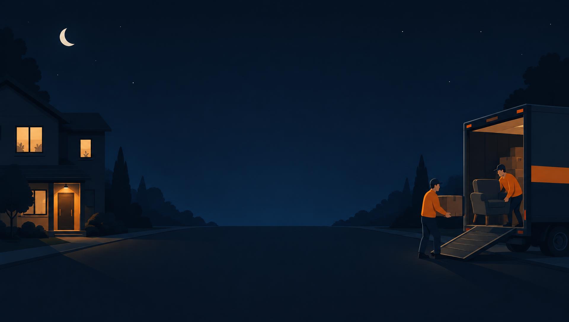 Illustration av flyttteam som bär lådor och möbler till en flyttbil