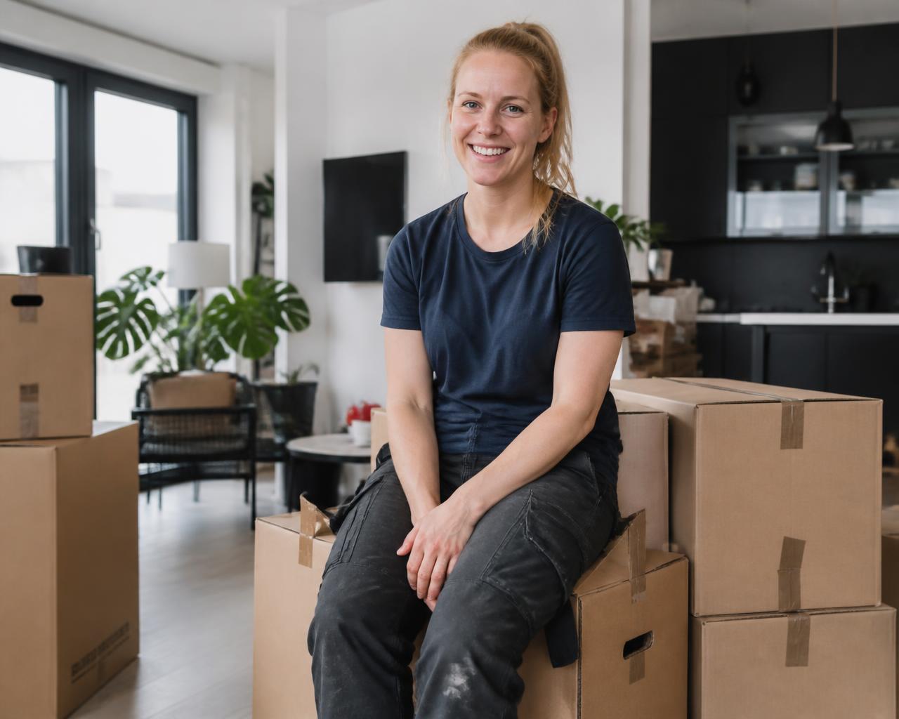 Erfaren flyttarbetare tar en kort paus på flyttkartonger i en ljus lägenhet