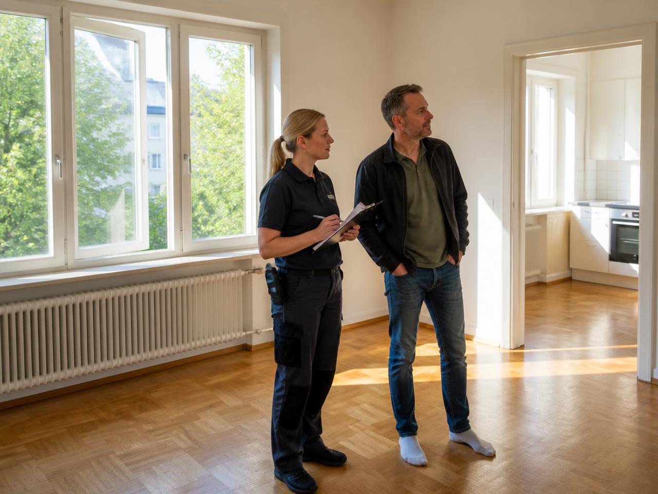 Städledare går igenom en nystädad tom lägenhet tillsammans med hyresvärden vid besiktning